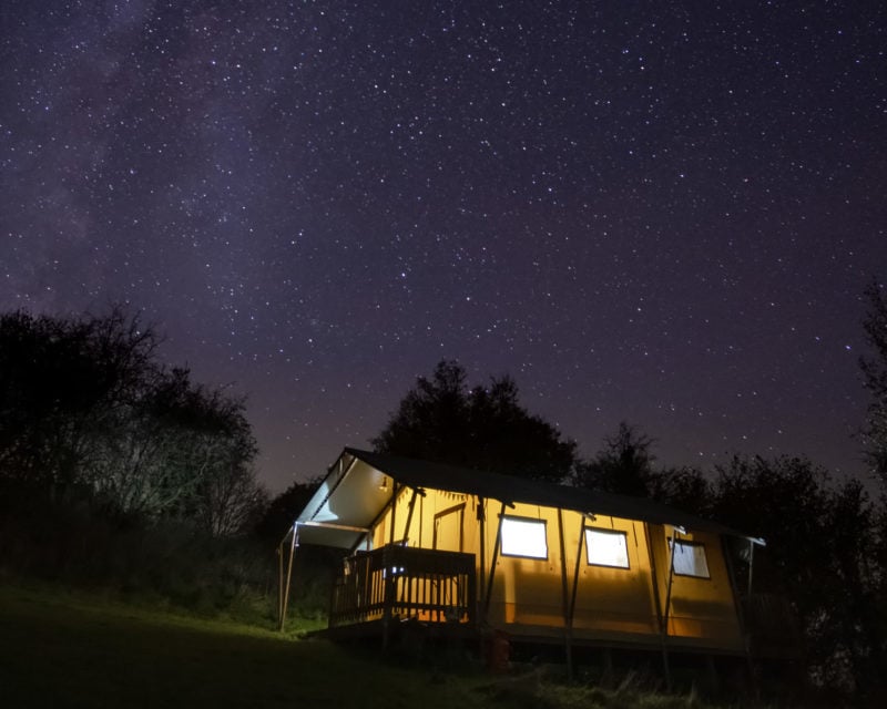 Safari tent glamping accommodation beneath a starry sky at Drovers Rest