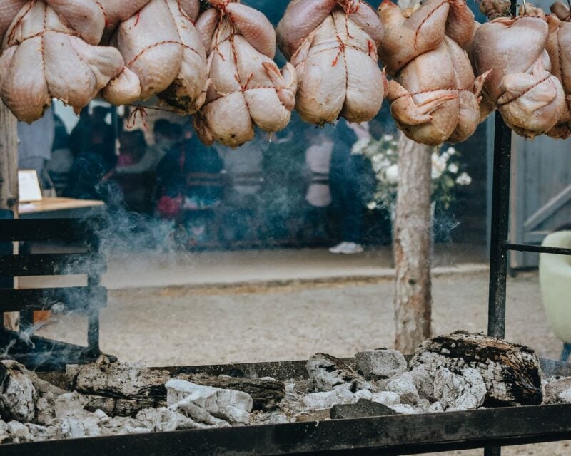 Chicken cooking over open fires at Drovers Rest