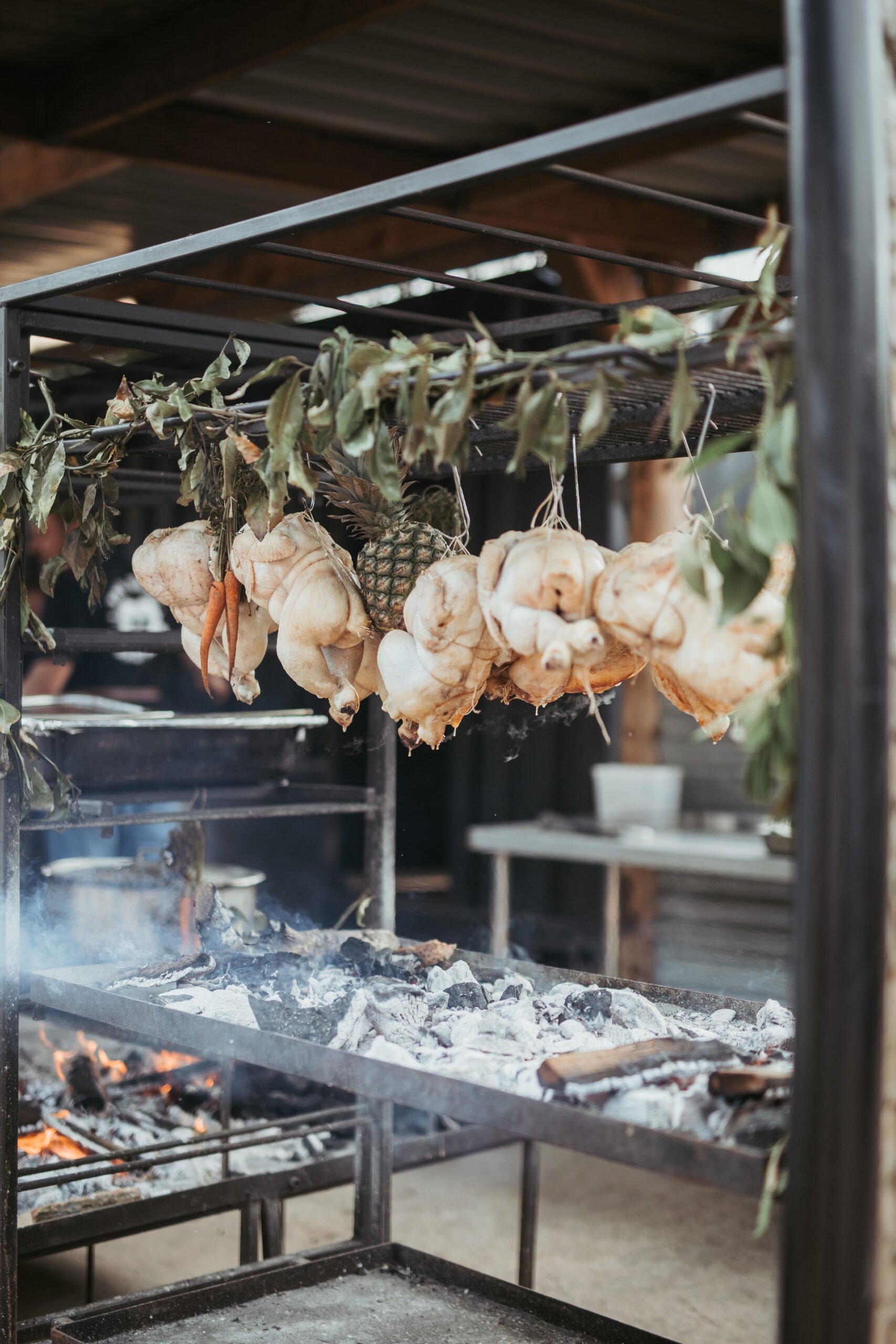 Chicken cooking over open fires at Drovers Rest