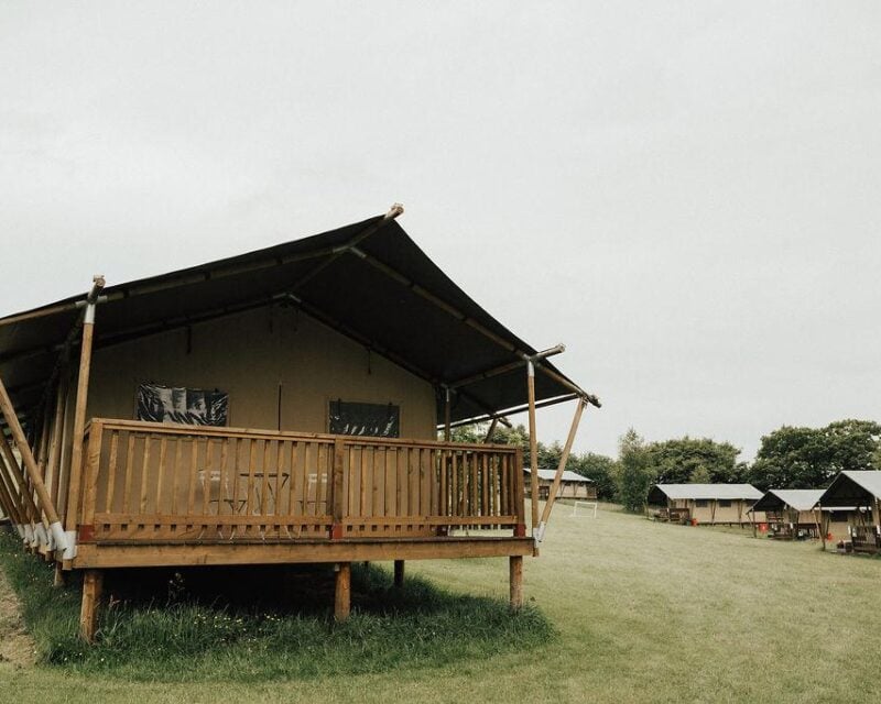 Safari tent glamping at Drovers Rest barn wedding venue.